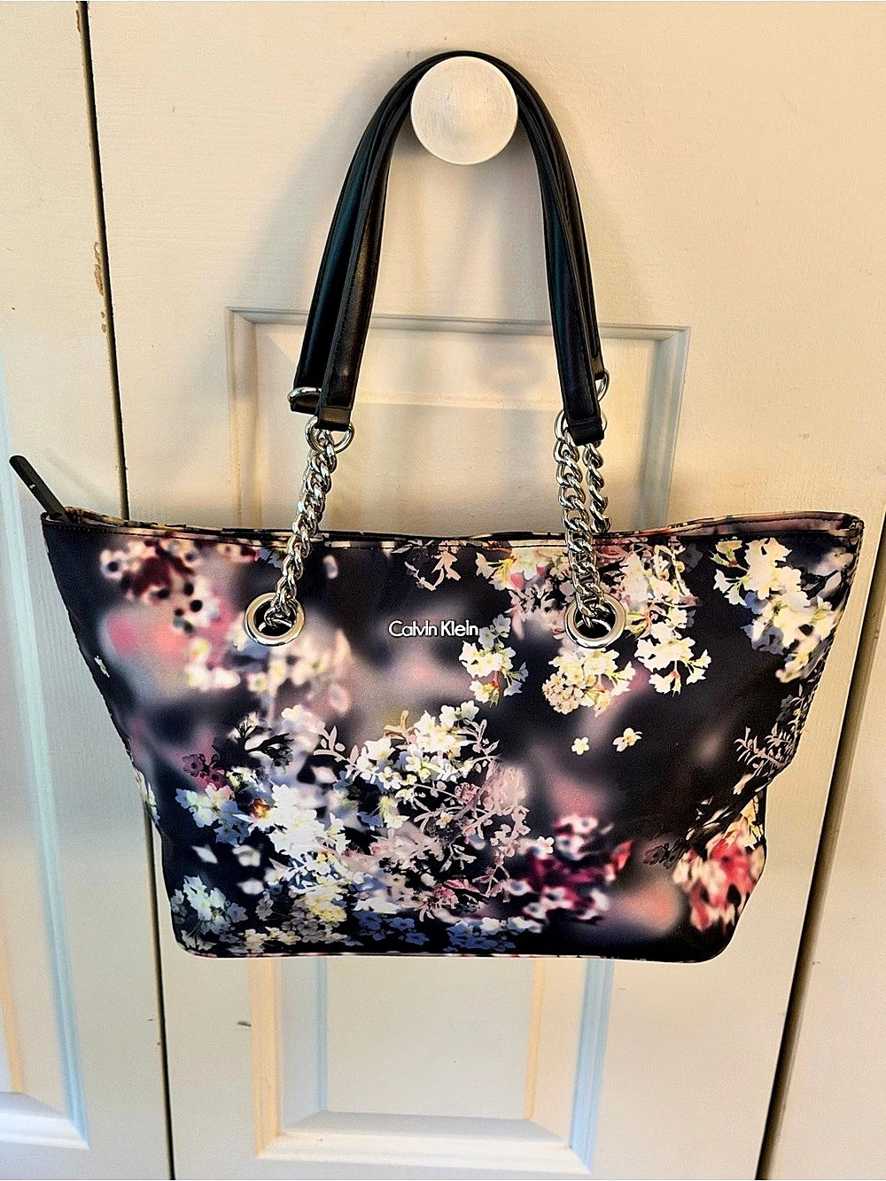 Calvin Klein Floral Tote Bag Black Multi Chain Strap Shoulder Purse Silver Tone